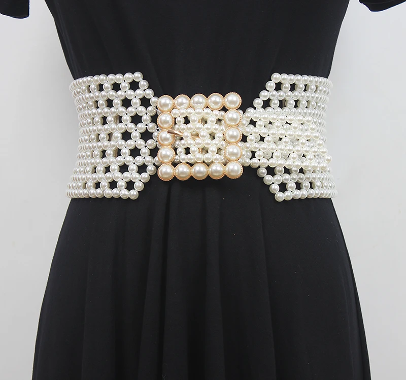 Fajas elásticas de punto con perlas para mujer, corsés para vestido femenino, cinturón ancho de decoración, R1165