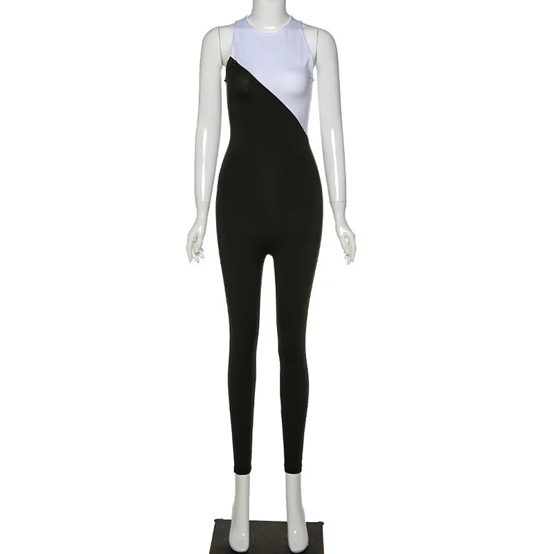 Black White Patchwork Bodycon Jumpsuit Women Front Zipper Hollow Out Sleeveless Skinny Sporty Female Overalls Party Club Romper