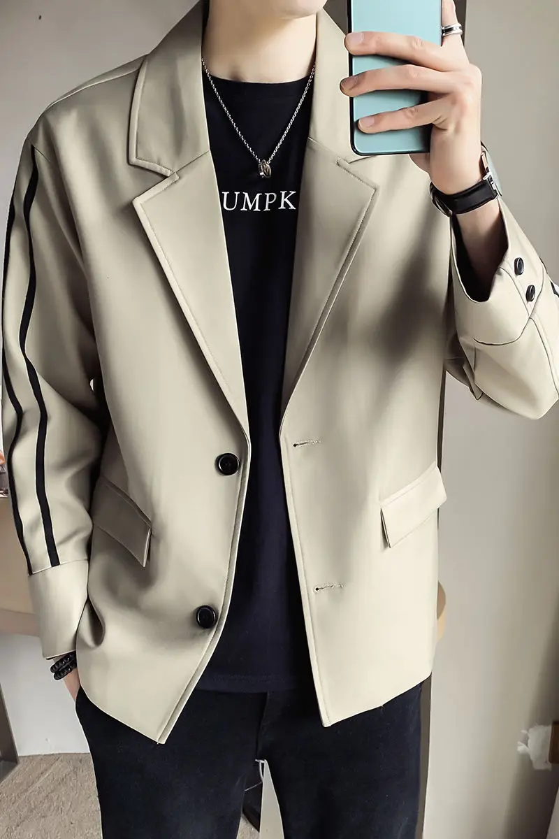 

2021 Spring And Autumn New Youth Fashion Loose Ribbon Stitching Suit Fashion Casual All-match Single-breasted Top Khaki/black