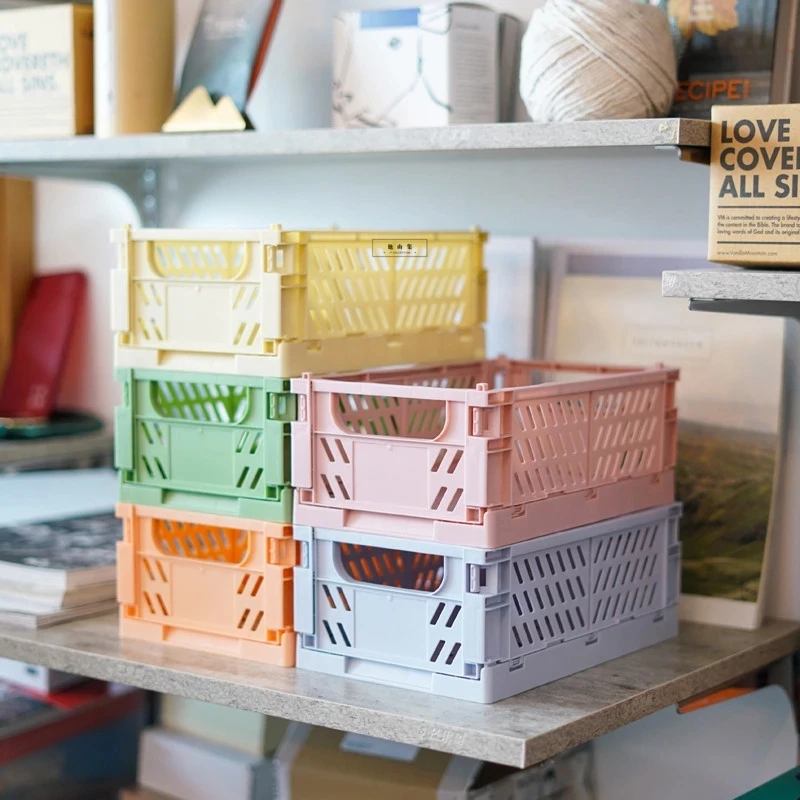 

Collapsible Plastic Hamper Crate Folding Storage Baskets Toy Cosmetics Box Desktop Sundries Fruit Organizer Kitchen Items
