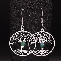 2022 tree of life green natural stone stainless steel drop earring for women round boho jewelry boucle doreille femme e8007s04
