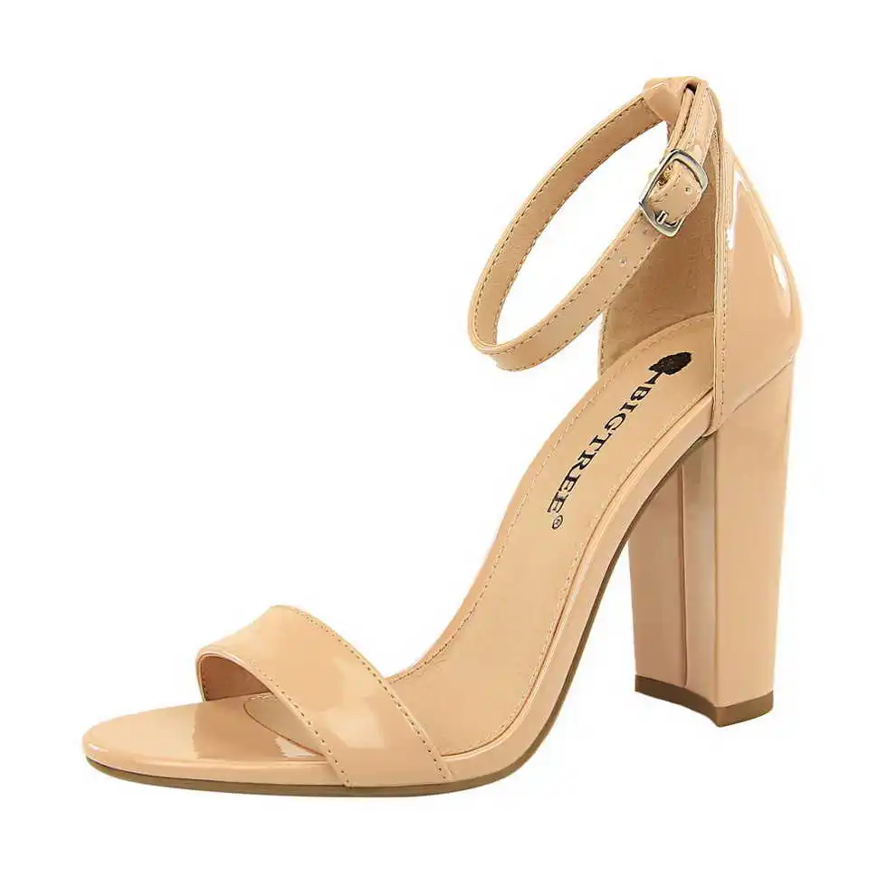 

Round head thick heel suede open toe one line sandals 2021 summer fashion banquet elegant solid high heels women's shoes