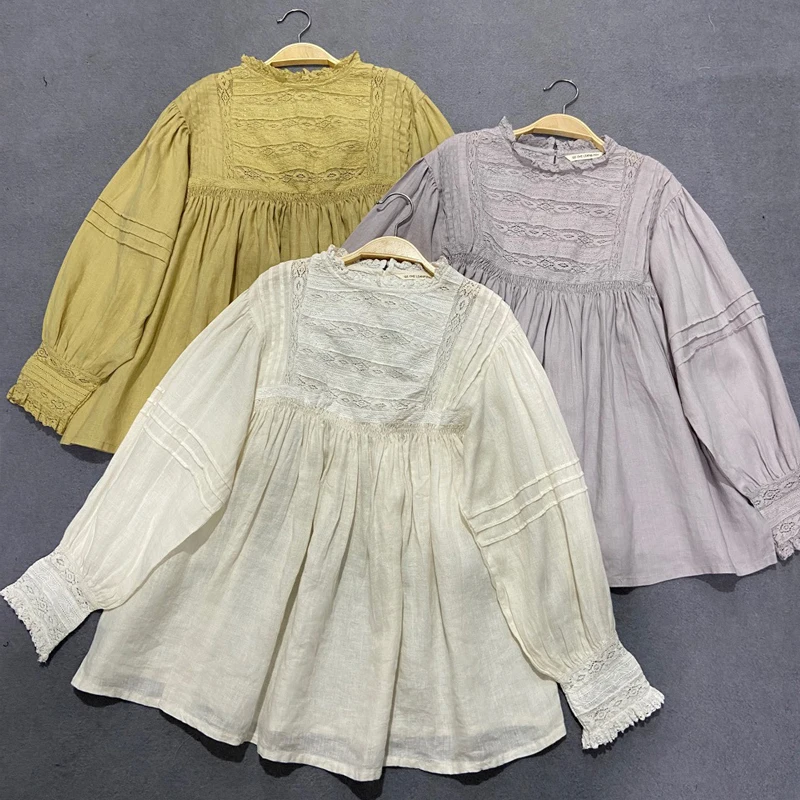 

Женская винтажная Льняная блуза Johnature, однотонная кружевная Свободная рубашка с вышивкой, в японском стиле, осень 2022