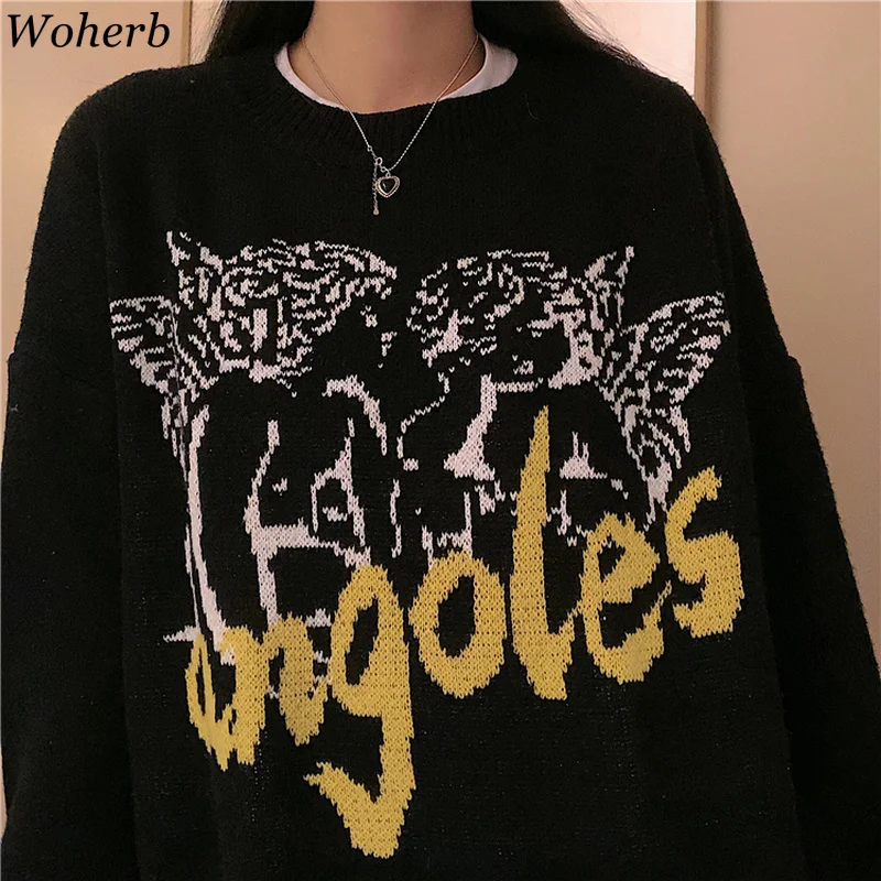 Woherb Stylish Vintage Sweater Jumpers for Women Harajuku Streetwear 2022 Autumn Winter Angel Print Female Knitted Pullovers | Женская