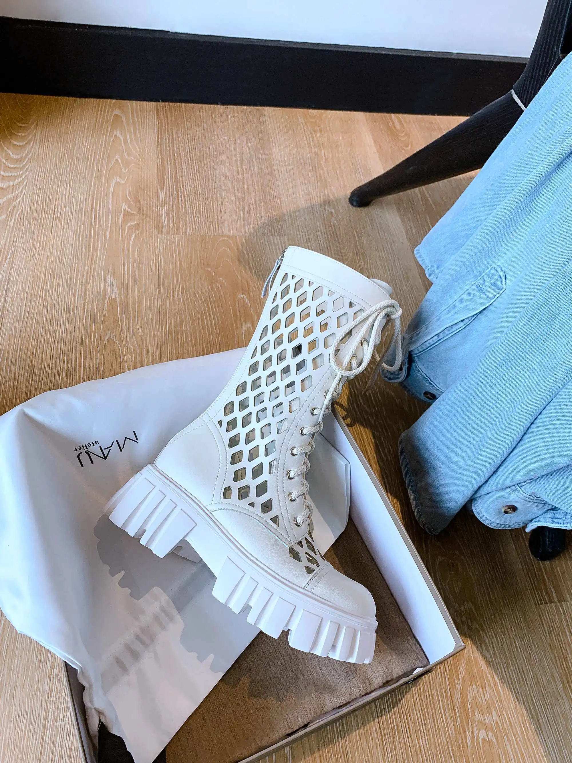 

Krazing Pot summer boots genuine leather round toe high heel vintage lace up thick bottom hollow out lace up mid-calf boots L8f2