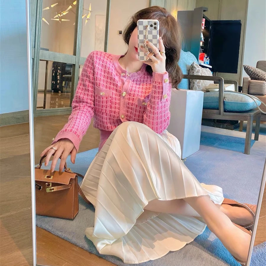 Кардиган женский вязаный с круглым вырезом и жемчужными пуговицами длинным