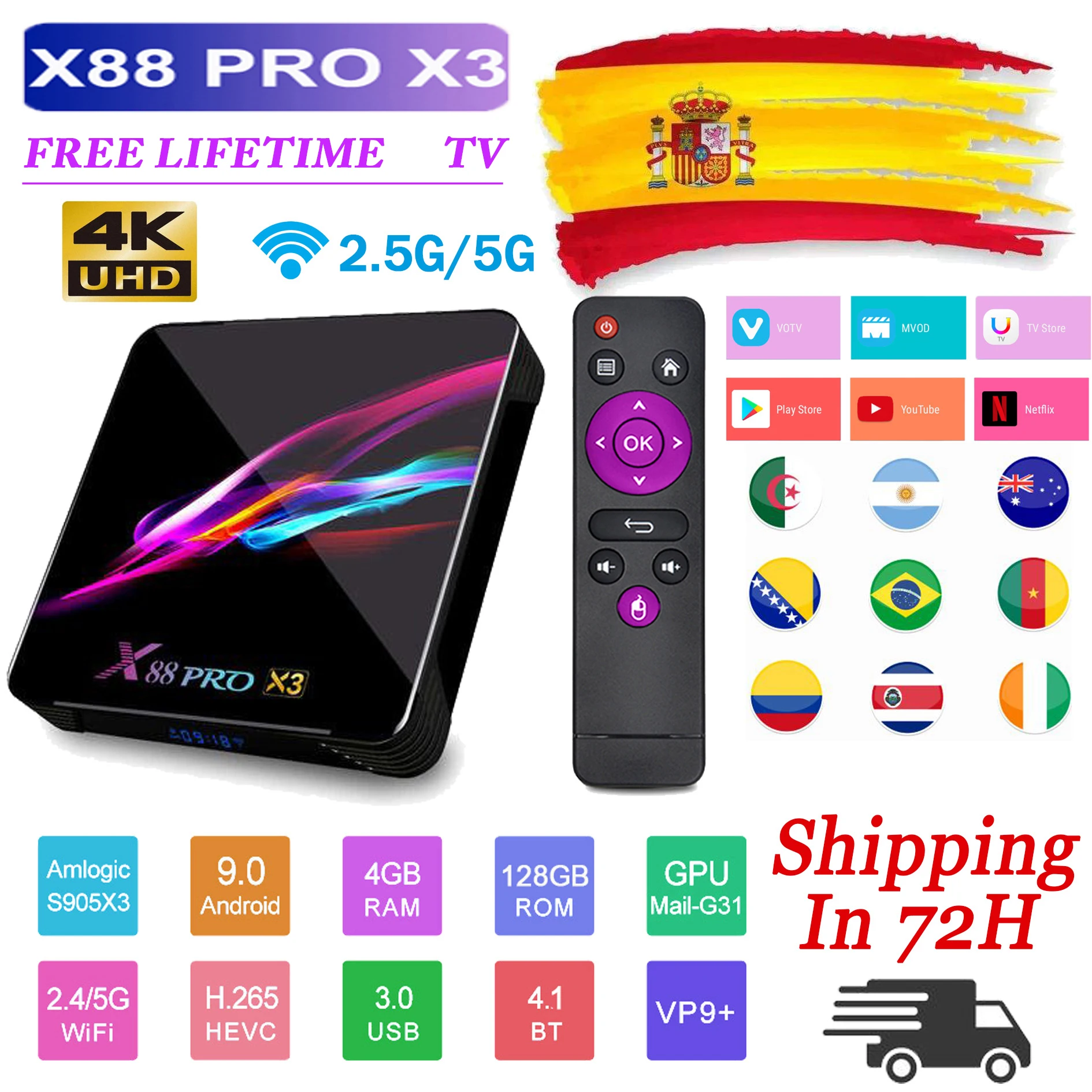 ТВ приставка Amlogic S905x3 на Android Netflix Youtube HD 8K 9 0 X88 Pro X3 для Испании 2020|ТВ-приставки и