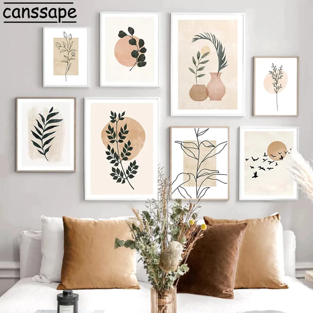 

Boho Vase Leaves Wall Art Poster Sun Bird Print Abstract Wall Art Canvas Painting Nordic Posters And Prints Living Room Decor