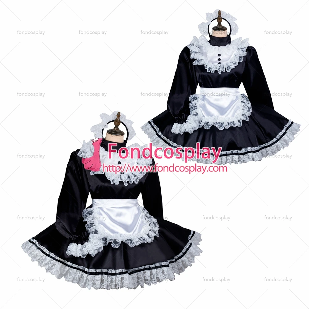 

fondcosplay adult sexy cross dressing sissy maid short black satin dress lockable Uniform white apron costume Tailor-made[G2435]