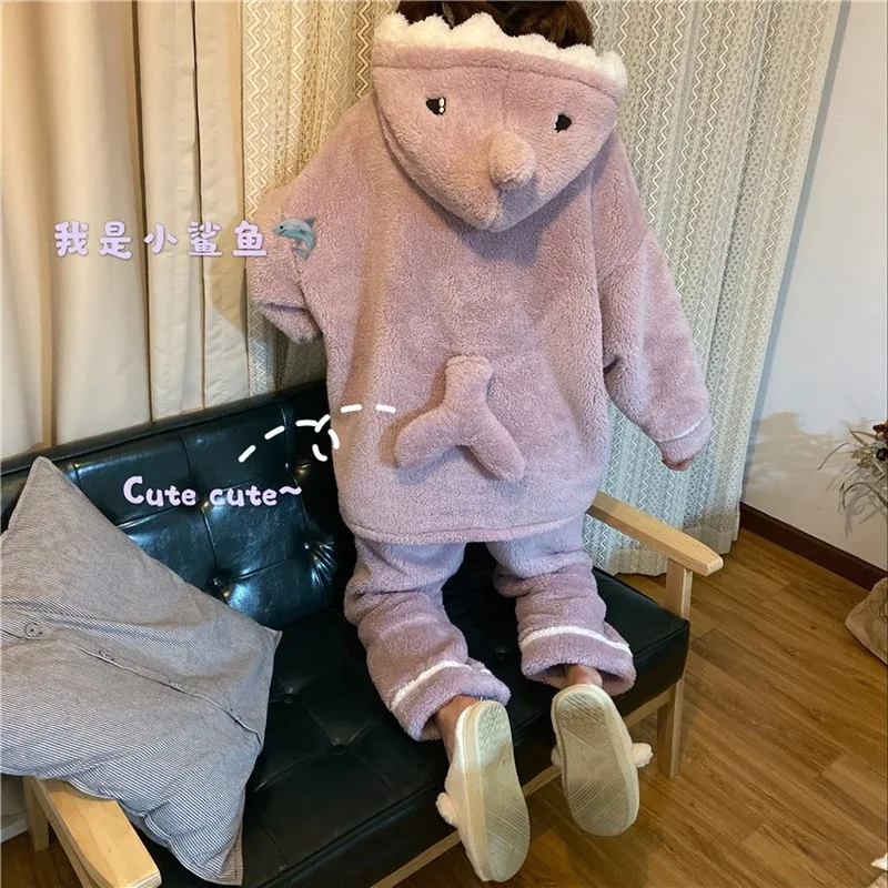 

2021 Winter Pajamas Women Korean Cartoon Shark Pajamas Autumn and Winter Cute Hooded Home Service Suit Women