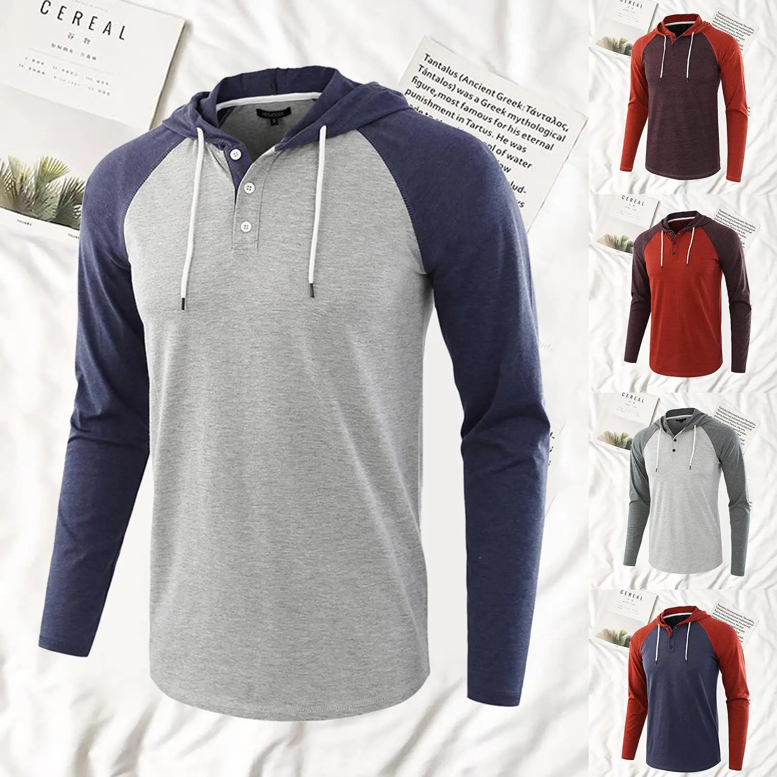 

Mens Sweatshirt Long Raglan Sleeve Color Block Buttons Hoodie Drawstring Hood Sweatshirt Pullovers Clothing 2XL