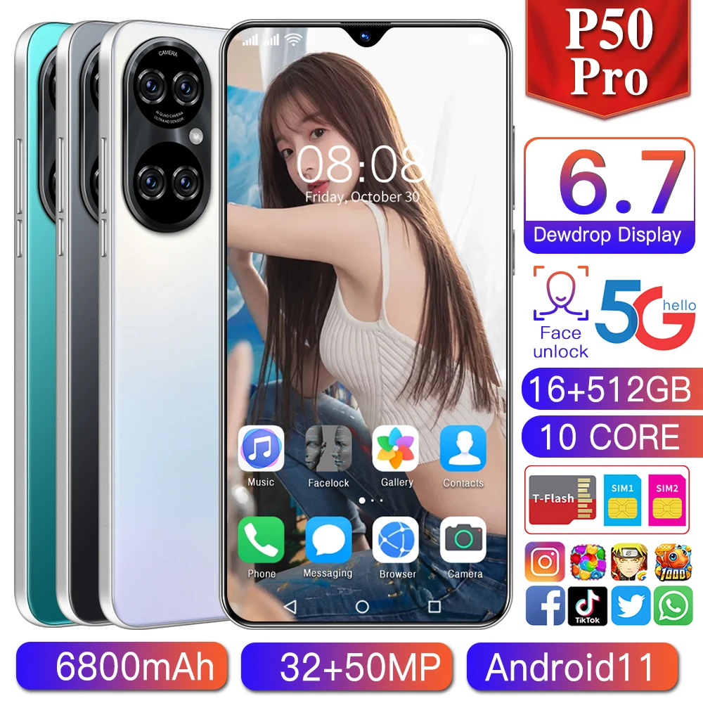 

P50pro Smartphone 6.7 inch 5G 16GB+512GB 6800mAh Unlocked Mobile Phones Android Telefones Celulares Global Version Cell Phone