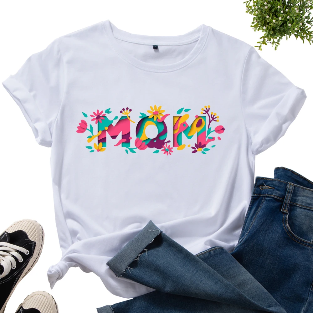 

Floral Flowers Mom Graphic Tee for Women Cotton Print T Shirts Short Sleeve Crew Neck Summer Tops Female Clothes Mother's Day