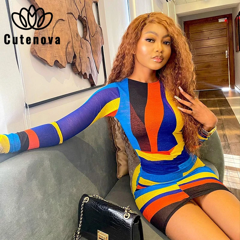 

Cutenove Sexy Party Club Bodycon Dresses For Women's 2021 Summer Clothing Print O-neck Long Sleeve Mixi Dress Female Streetwears