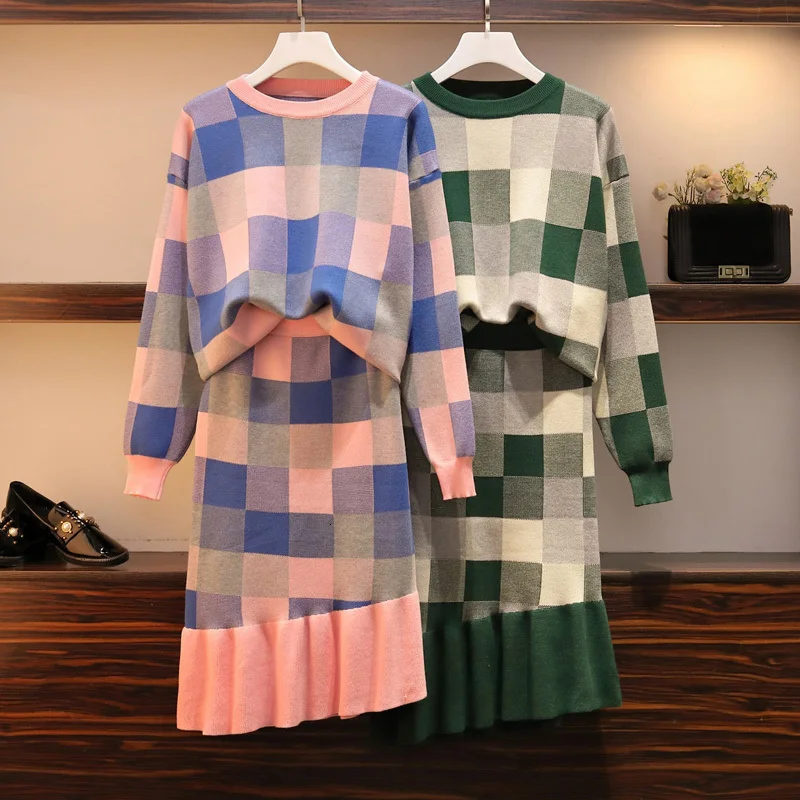 Женская зимняя одежда размера плюс 2019 вязаный клетчатый свитер с круглым вырезом