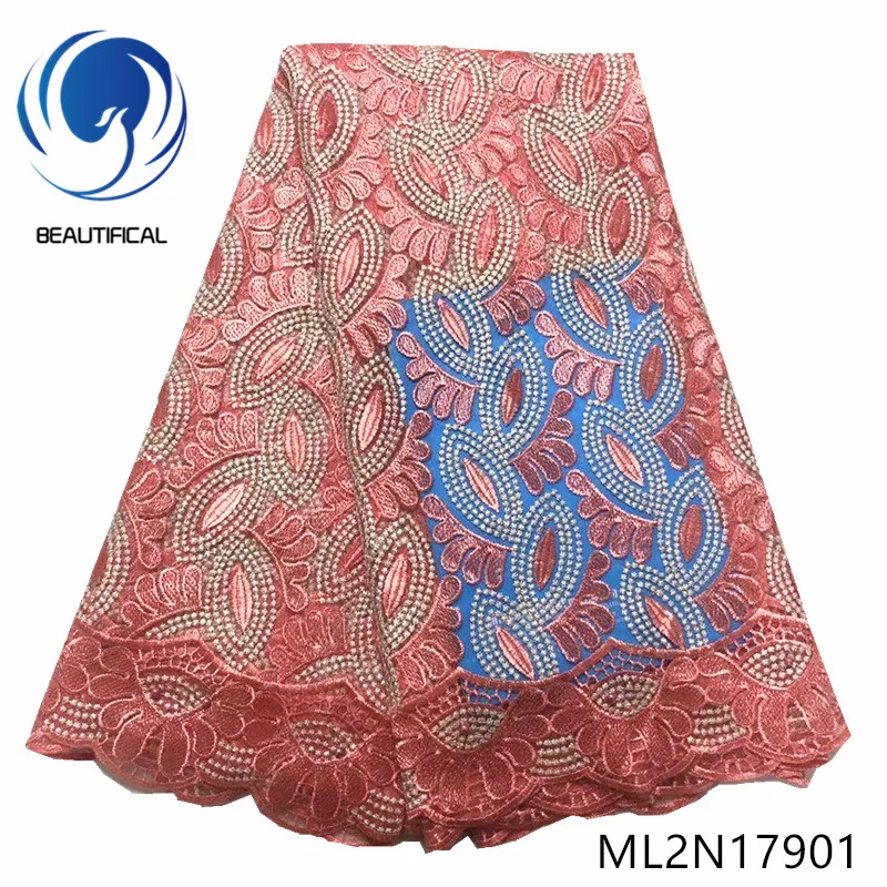

Beautifical Nigerian lace fabrics wholesale embroidery net lace fabric with beads and stones Hot sale french lace 5yards ML2N179