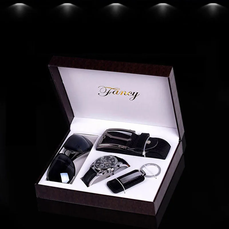 

Fashion Watch Men Luxury Gift Set Sunglasses Keychain Top Quality Belt Multiple Time Zone Wrist Watch For Father Men Gift