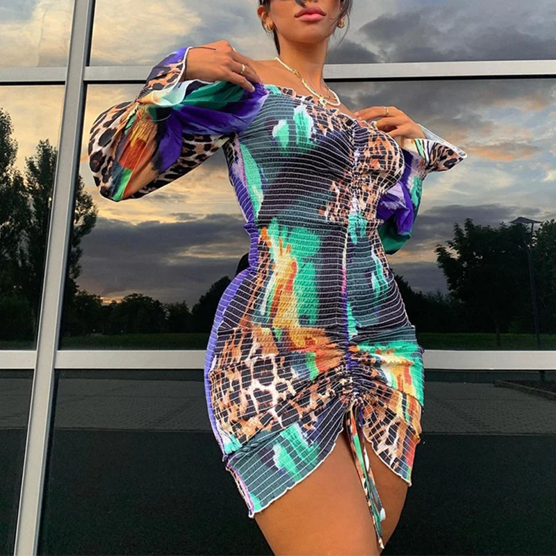 

Tie Dye Printed Ruch Drawstring Wrap Dress Woman Off Shoulder Long Flare Sleeve Sheath Dresses Retro Robe Femme Vestidos