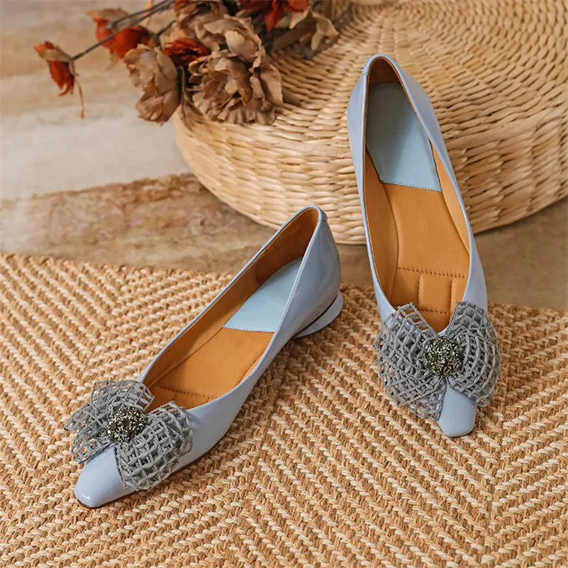 

Meotina Natural Genuine Leather Flat Shoes Women Bow Fashion Dress Shoes Square Toe Shallow Footwear Female Shoes Spring Blue