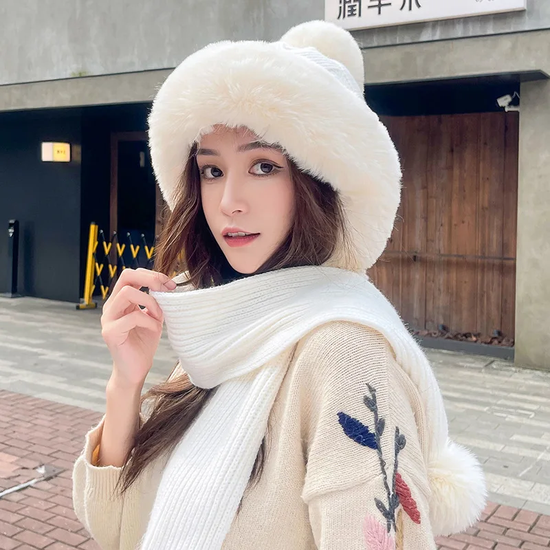 Зимние женские меховые шапки защитные для ушей вязаные теплые пушистые плюшевые