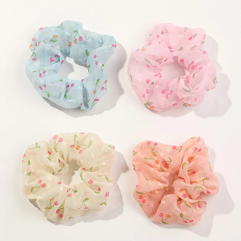 

4 PCS Small Fresh Chiffon Fruit Hair Ring Ins Candy Color Cherry Large Intestine Ring Tie Hair Hair Rope Girls Hair Accessories