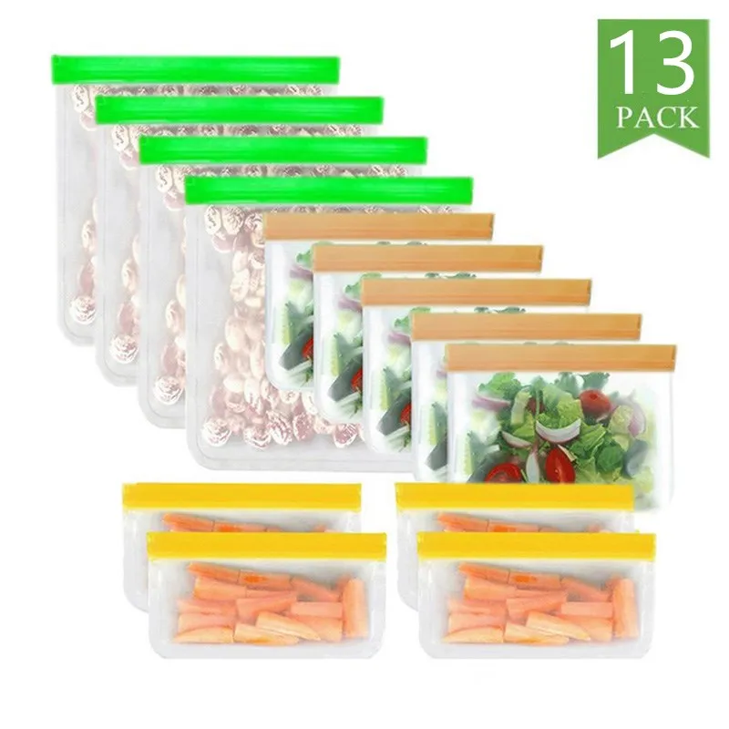 

13Pcs/Set Silicone Food Bag Frosted PEVA Silicone Food Fresh-keeping Bag Vegetable Sealed Bag Leak-proof Food Storage Store Bag