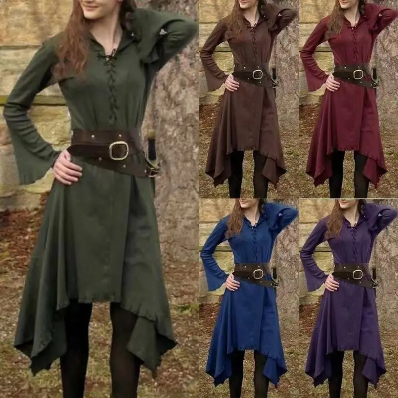 

New Arrival Women's Fashion Gothic Style Medieval Dress Long Sleeve Lace Up Dress Irregular Hem Vintage Dress Without Belt Plus