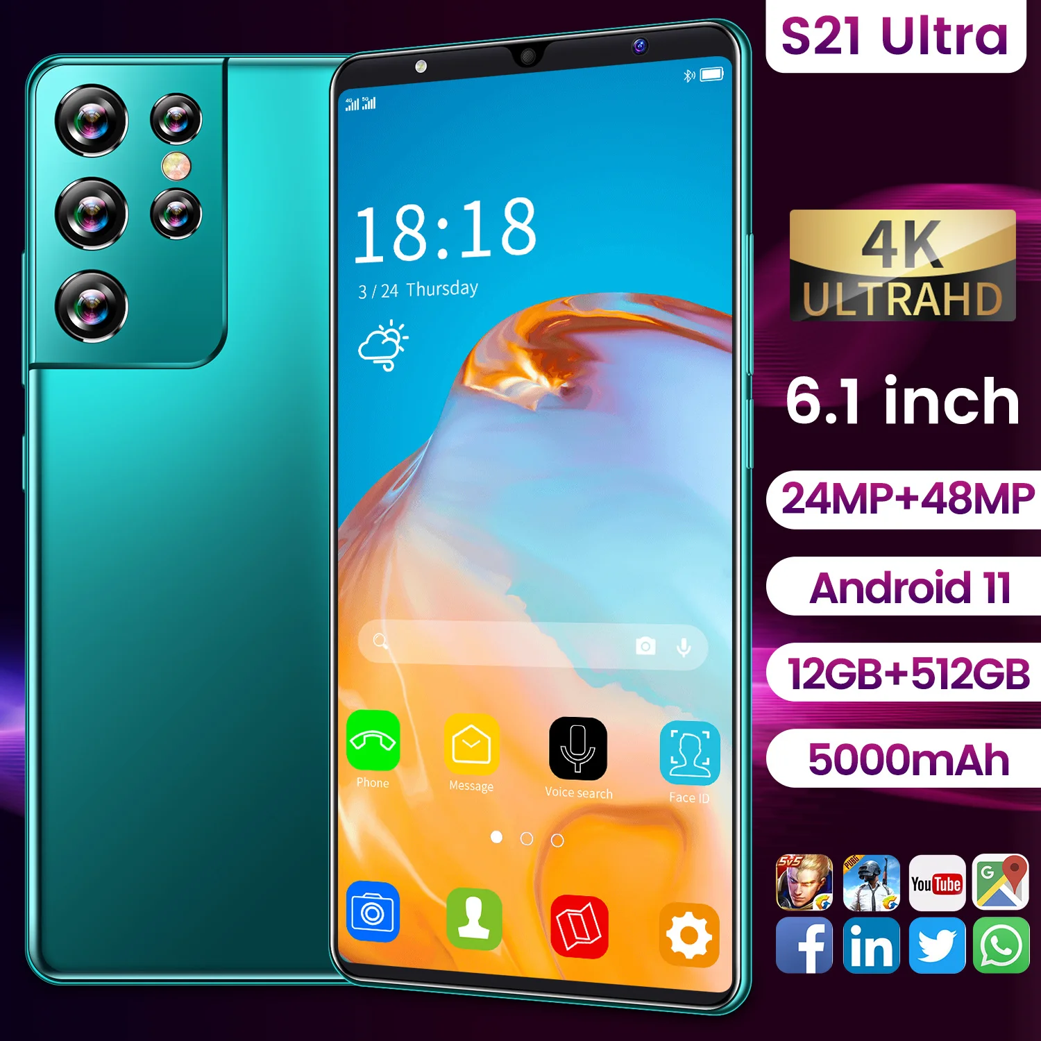 2021 Новая глобальная версия S21 ультра 6 1 дюймов Android 11 смартфон 12 + 512 ГБ 5000 мАч уход