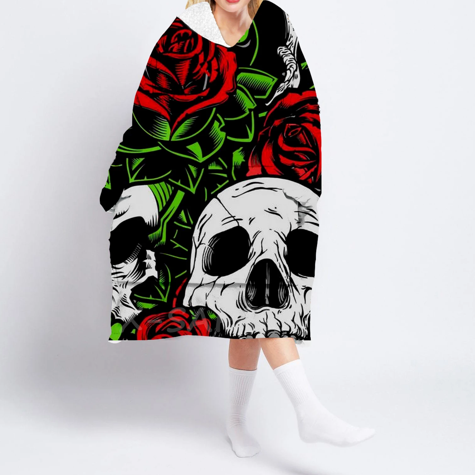 

Женская ночная рубашка с капюшоном, с принтом черепа и цветов