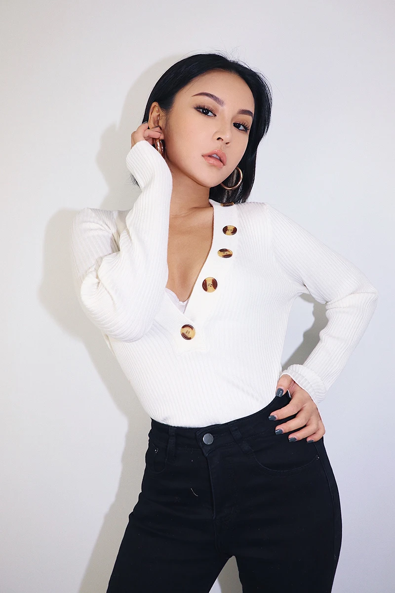 2019 new fashion casual women's clothing Sweater Top Autumn V-neck Long Sleeve Tight-fitting Turtleneck Buttons Solid Color Knit | Женская