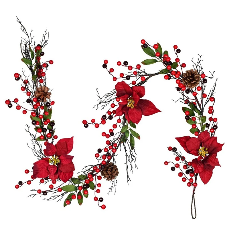 

Рождественская гирлянда, 6 футов, с красными ягодами, конусом сосны, пуансеттией и листьями Падуба, Искусственная елка для рождественской до...