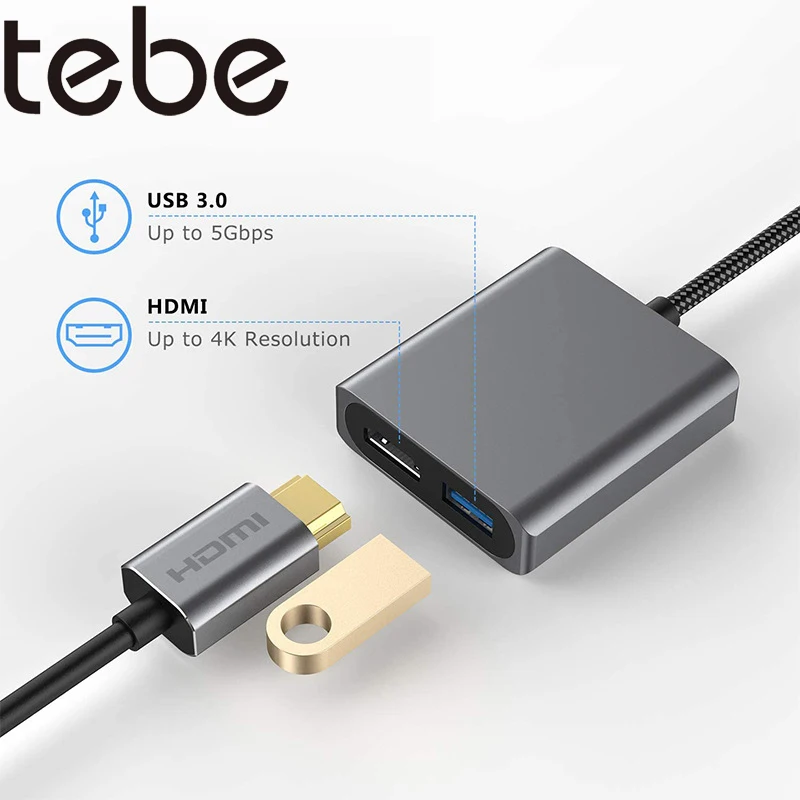 

USB-концентратор tebe 2 в 1, адаптер Type-C от 3,1 до 4K HDMI, конвертер с USB 3,0 для Macbook, Huawei, Samsung, Dell, USB-разветвитель
