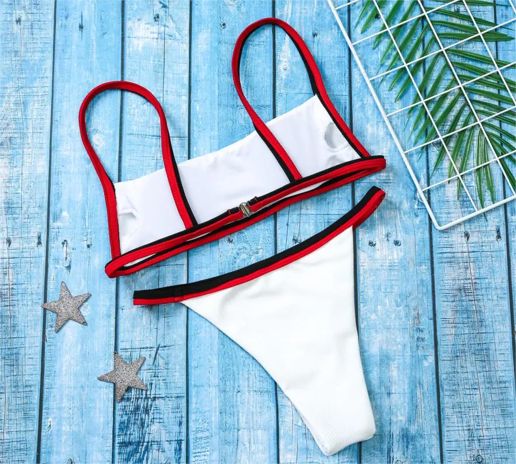 

Ribbed Patchwork Strap Swimsuit Female Backless Braziian Thong Bathing Suit High Cut Beach Swimming Suit New