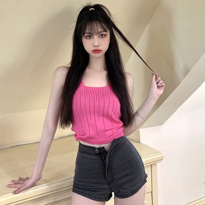 

Women Solid Camis Vest Square Neck Halter Neck Beauty Back Fashion Tanks Tops Summer Streetwear Female Crop Top Ladies Camis