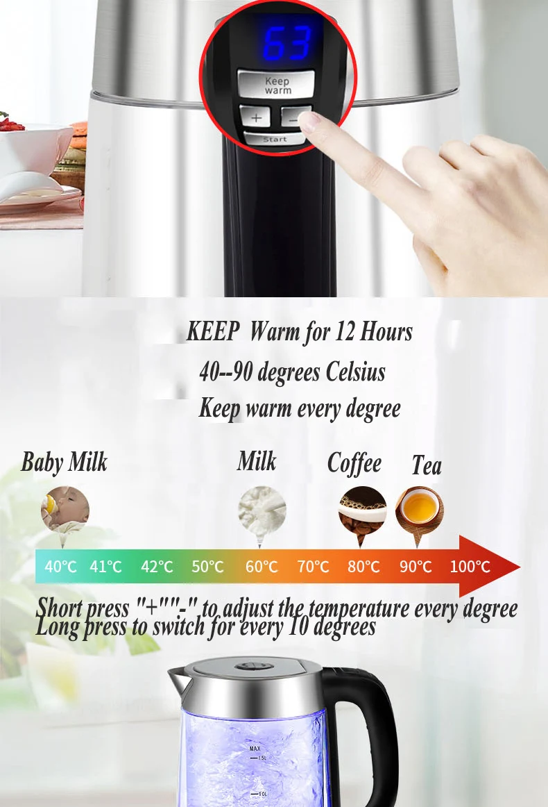 

Electric Water Kettle Glass Double Wall Temperature Control Cordless with Blue LED Light, 1.7L Tea Kettle Automatic Shutoff