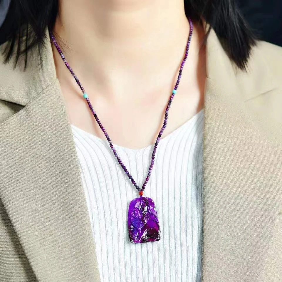 

Genuine Natural Purple Sugilite Necklace Pendant 9 Tails Fox Carved 38*26*7mm Women Men Love South Africa AAAAAA