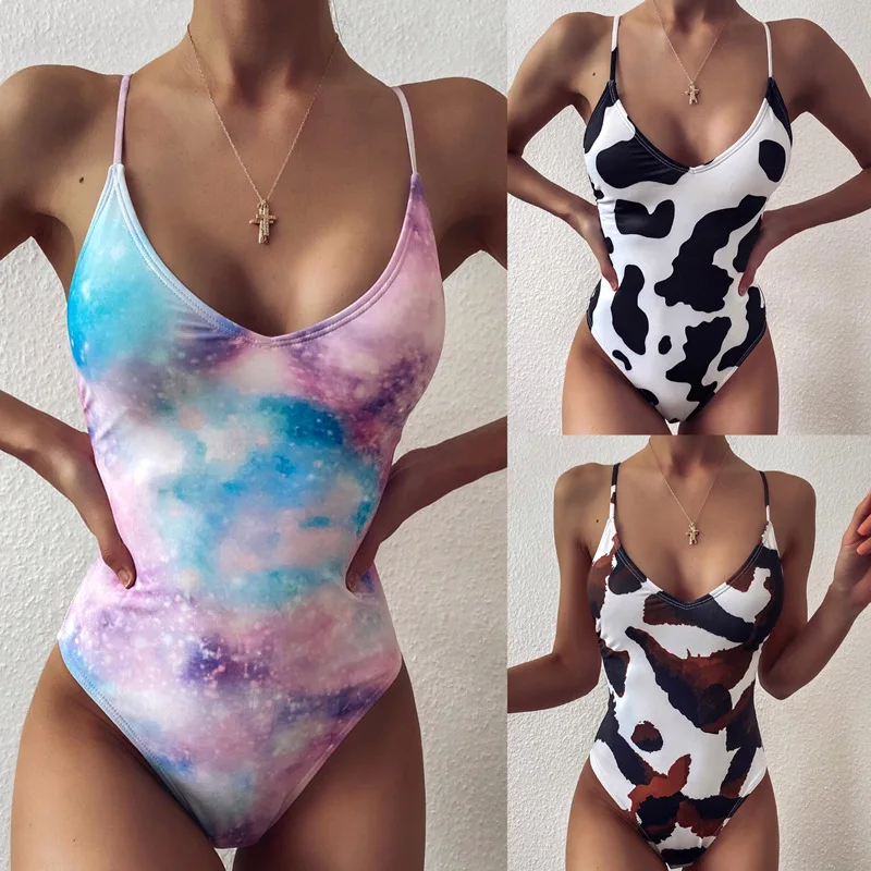 

New one-piece swimsuit women's one-piece pleated bikini 2020 sexy strappy swimsuit beach print swimsuit one piece