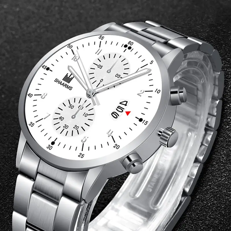 SHAARMS роскошные мужские серебряные часы из нержавеющей стали аналоговые