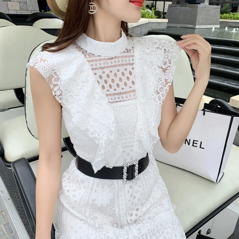 

High Quality New Fashion Women 2021 Summer Elegant Vintage White Lace Dresses Luxury Famous Brand European Party Maxi Dress+Belt