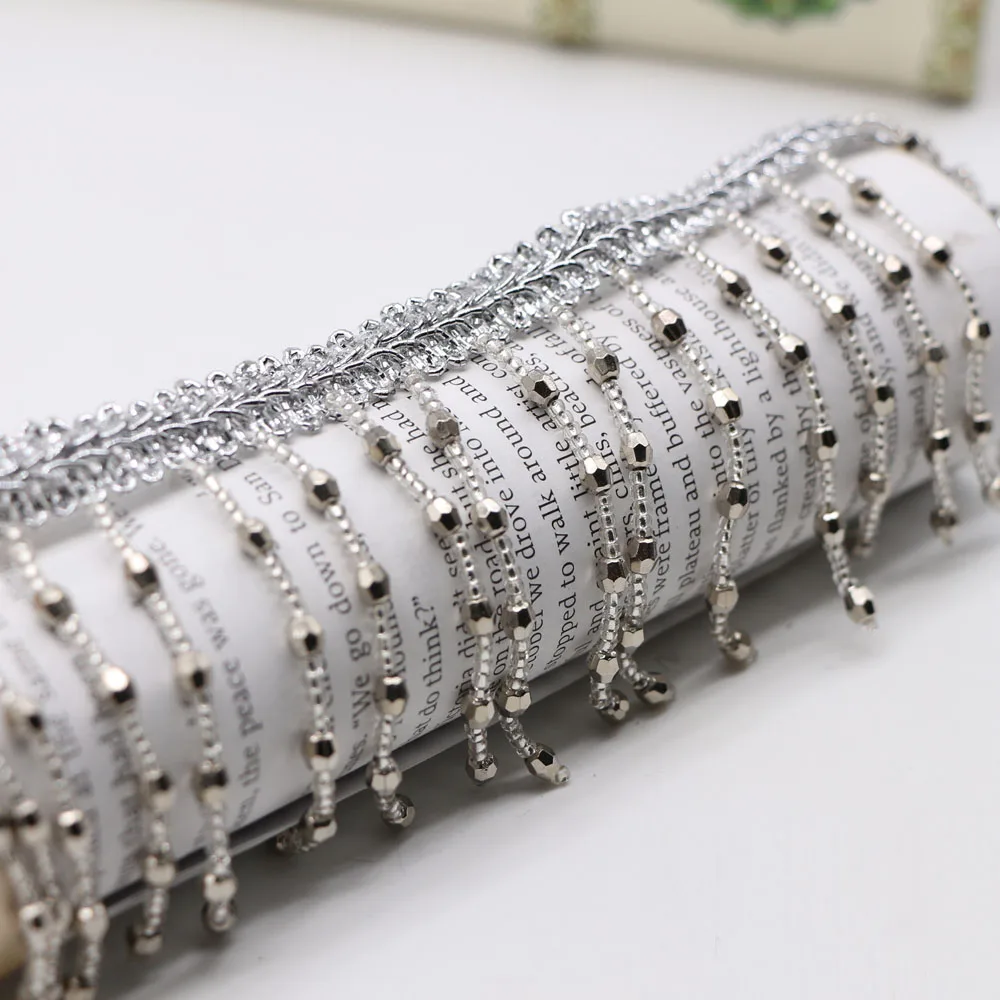 

6.5cm*1yard silver beaded lace trim for clothes curtain Handmade beading fringe tassel trimmings diy sewing accessories Ribbons