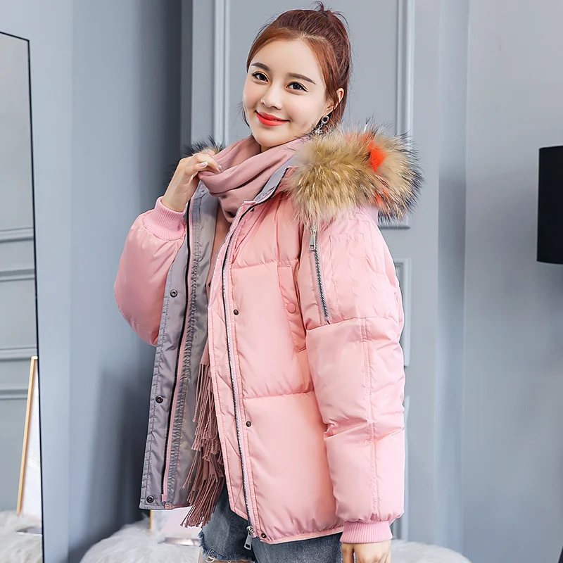 

Ailegogo New Winter Women Faux Fur Collar Thickness Bread Short Cotton Coat Casual Female Hooded Loose Jacket Outwear