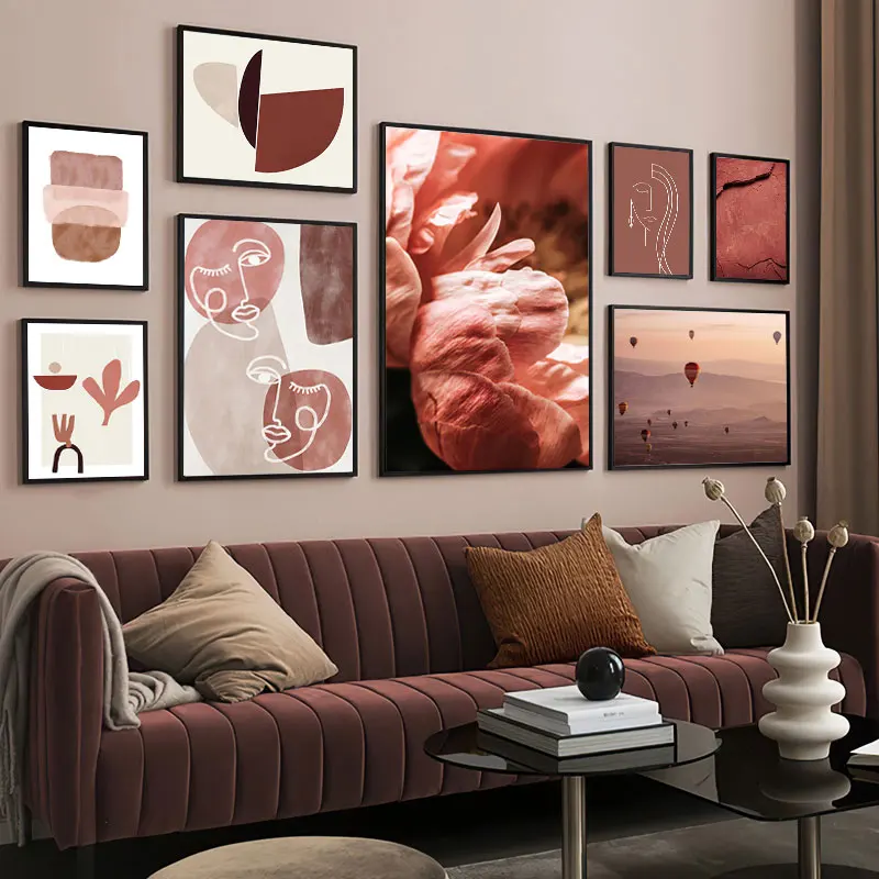 

Abstract Color Block Wall Poster Brown Pattern Hot Air Balloon Canvas Painting and Print Vintage Pictures for Living Room Decor