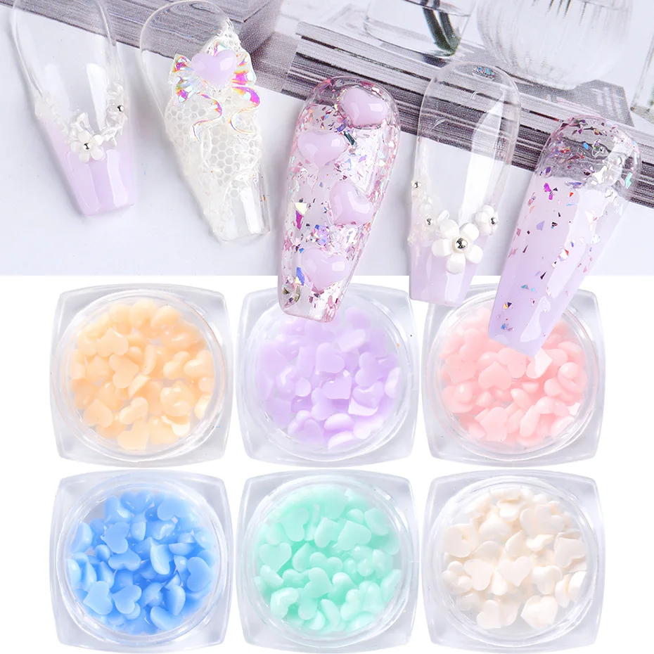 

6 Styles Of Heart-Shaped Nails Decoration Light Change Effect White Yellow Purple Pink Blue Green Nail Accessories 1pc