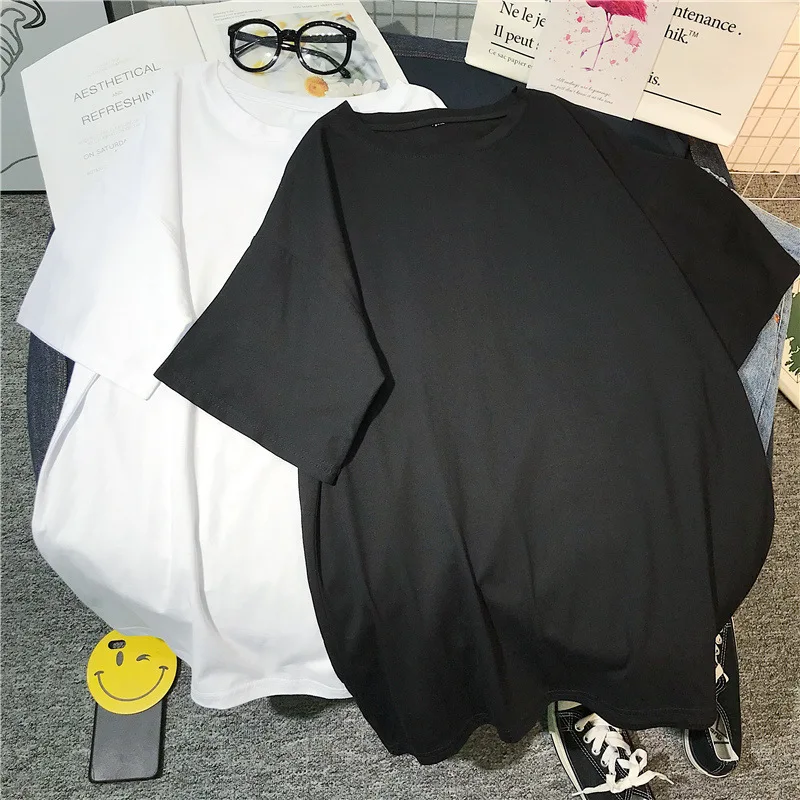 

Футболка женская хлопковая оверсайз, базовая однотонная Повседневная Свободная рубашка с круглым вырезом, топ в Корейском стиле, 7 цветов, н...