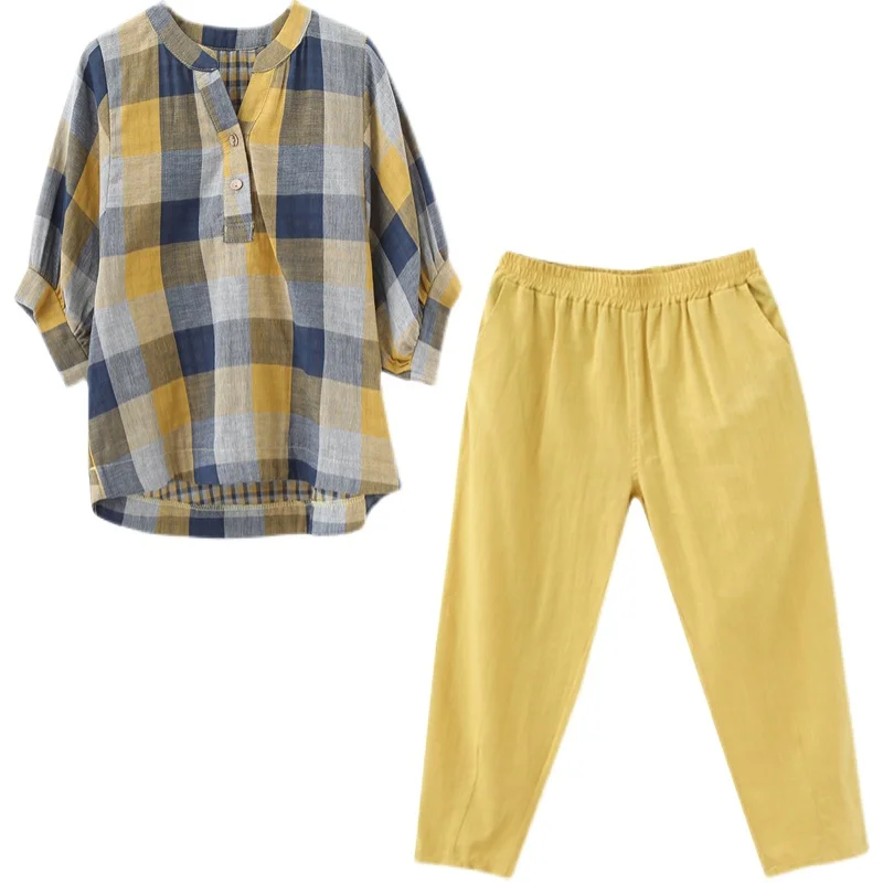 

COIGARSAM Plus Size Casual Short Sleeve blouse women Cotton Linen Plaid Loose blusas womens tops and blouses 5502