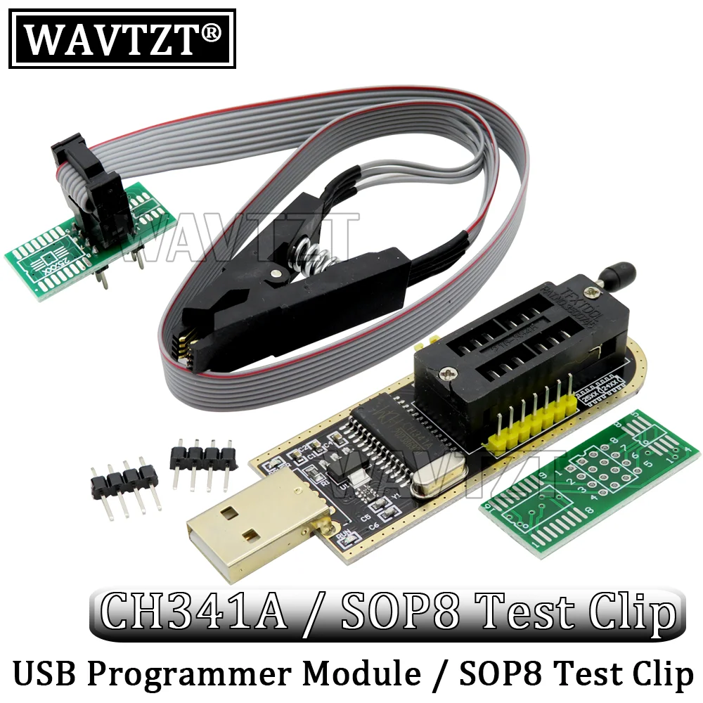 

USB-программатор WAVTZT CH341A 24 25 Series EEPROM, модуль программатора с флэш-BIOS + зажим SOIC8 SOP8 для проверки EEPROM 93CXX / 25CXX / 24CXX