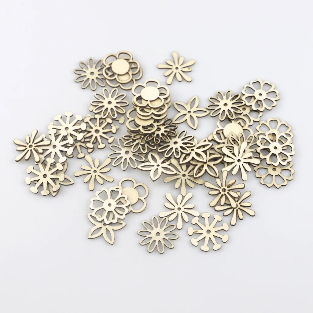 

50pcs Wooden Flower Embellishments Patterns Cutouts Wooden Pieces Craft Ornamen for DIY Crafting Ornament Decoration
