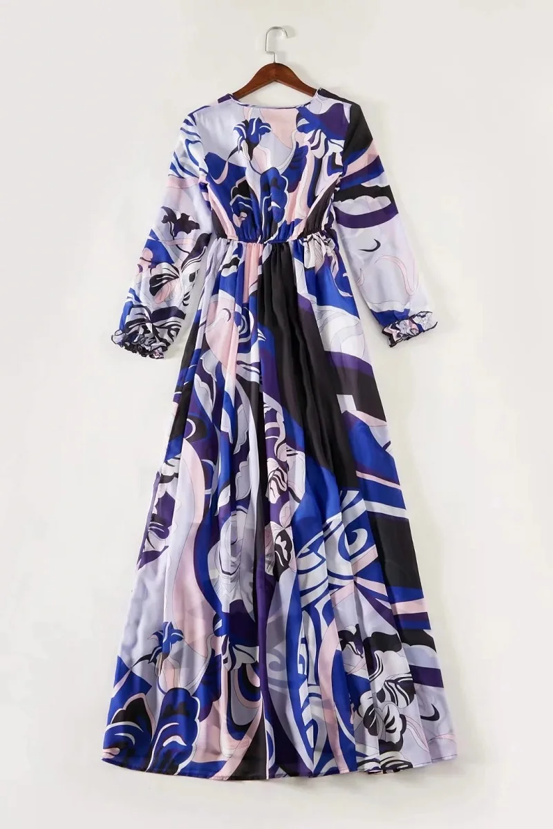 

Floor Length Dress 2020 Spring Style Women Abstract Prints Sexy Cross String Front Long Sleeve Maxi Dress Casual Beach Female