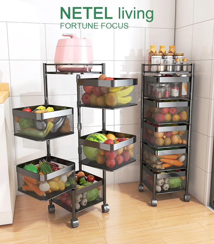 netel rotatable storage rack corner organizer kitchen trolley cabinet multi layer pot shelf fruit and vegetable basket free global shipping
