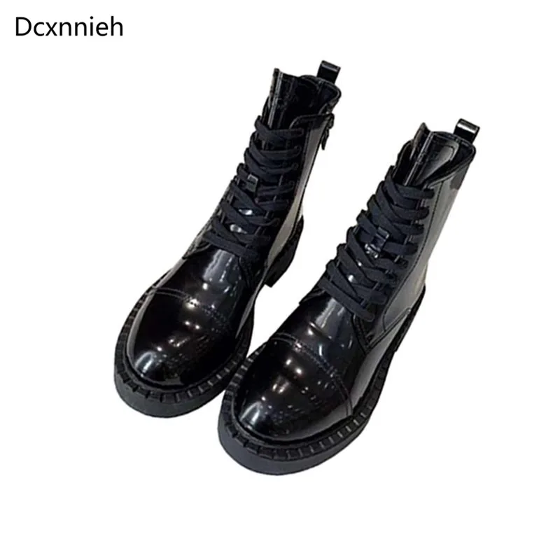 

high quality Genuine leather Ankle Boots Women Platform winter shoes Woman Black lace up Short boots Cowgirl Motorcycle boots